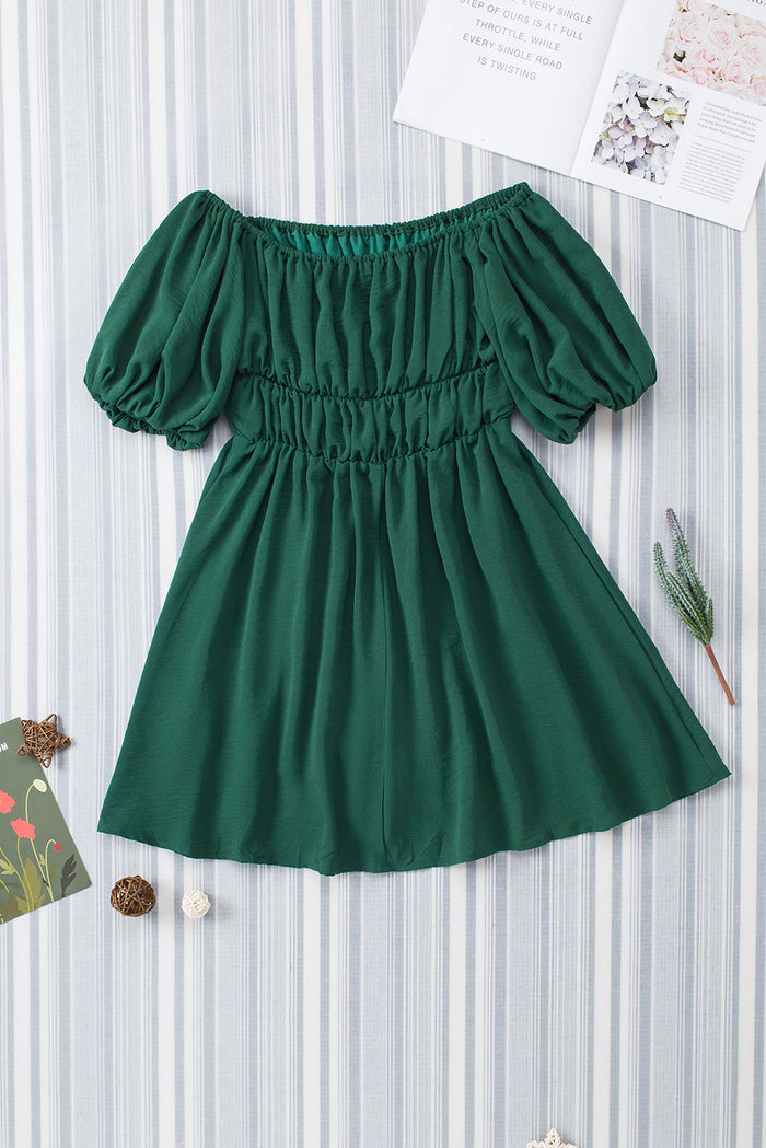 Green-2 Solid Color Shirred Bubble Sleeve Off Shoulder Babydoll Dress Shewin