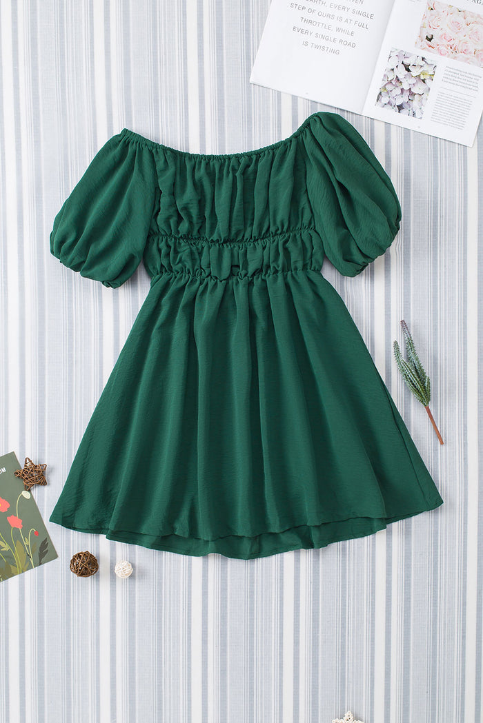 Green-2 Solid Color Shirred Bubble Sleeve Off Shoulder Babydoll Dress Shewin