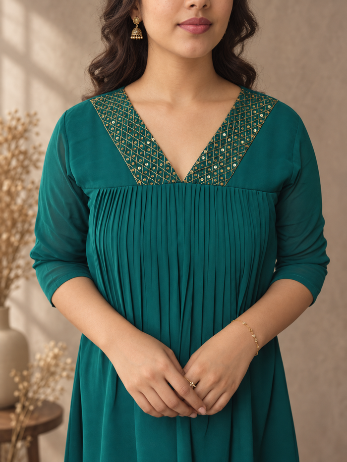 Green georgette Aline kurti with zardosi embroidered neckline MBS-1356 **Ready to dispatch**