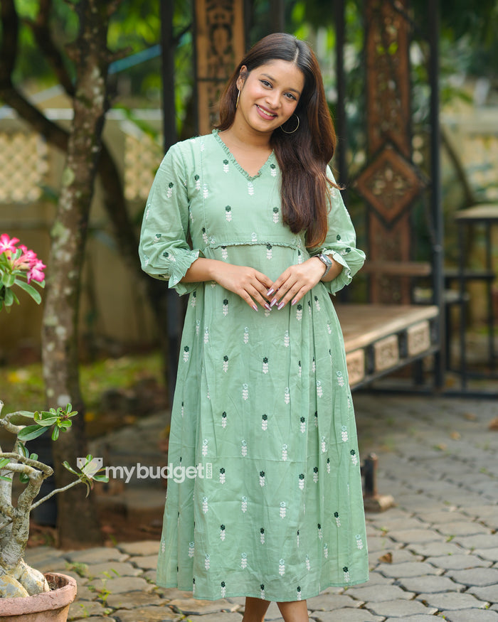 Green mul cotton Aline kurti with frills and all over floral embroidery MBS-1196 **Ready to dispatch**