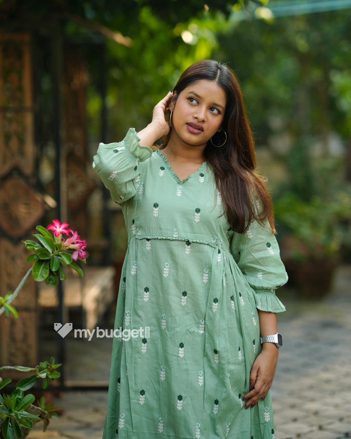 Green mul cotton Aline kurti with frills and all over floral embroidery MBS-1196 **Ready to dispatch**