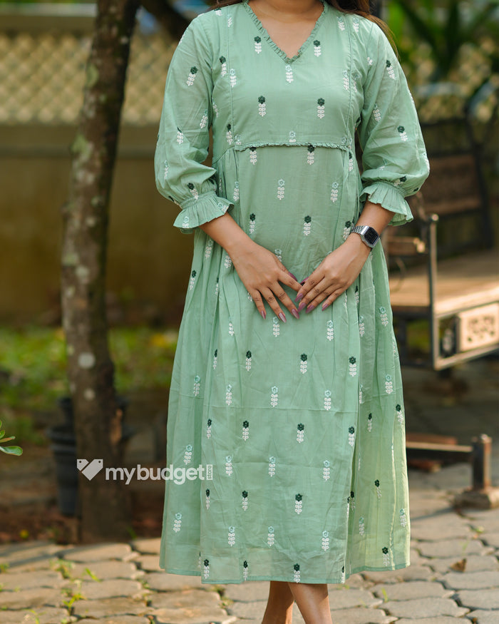 Green mul cotton Aline kurti with frills and all over floral embroidery MBS-1196 **Ready to dispatch**