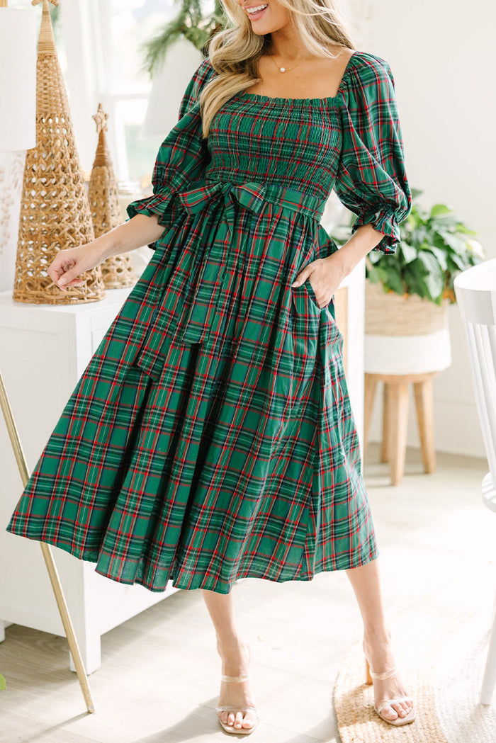 Green Plaid Square Neck Puff Sleeve Bowknot Waist Flared Midi Dress Shewin