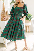 Green Plaid Square Neck Puff Sleeve Bowknot Waist Flared Midi Dress Shewin