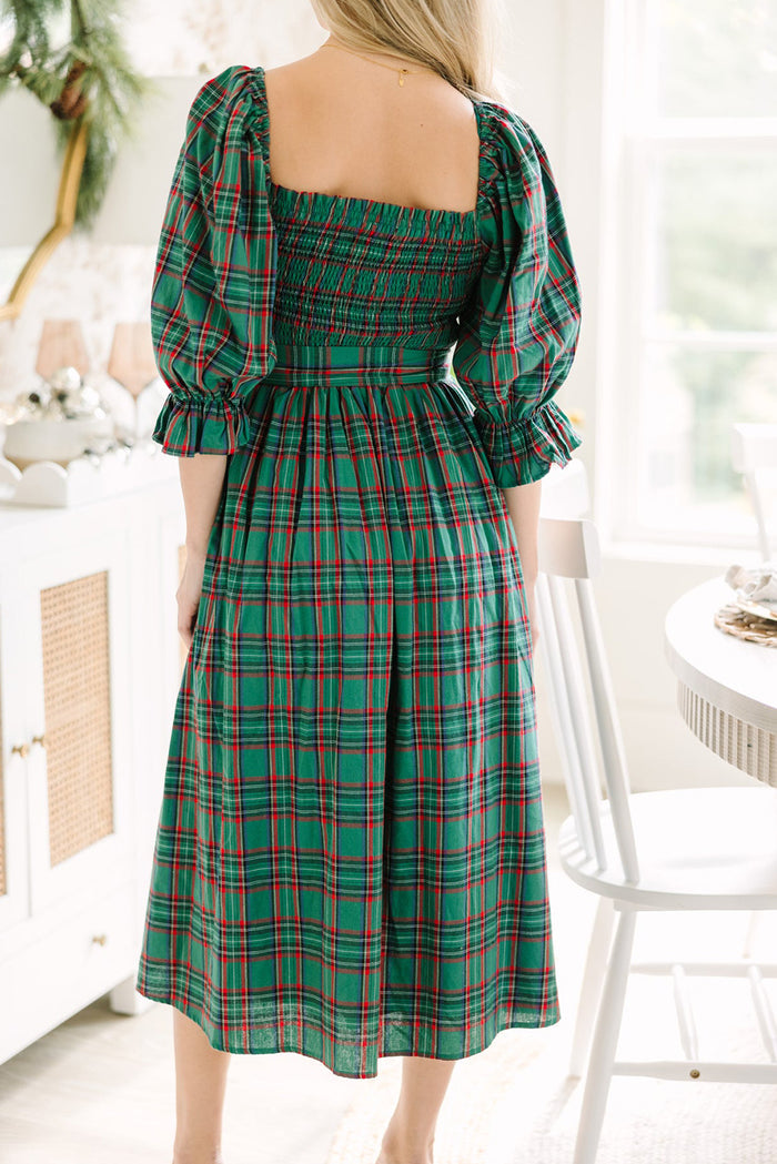 Green Plaid Square Neck Puff Sleeve Bowknot Waist Flared Midi Dress Shewin