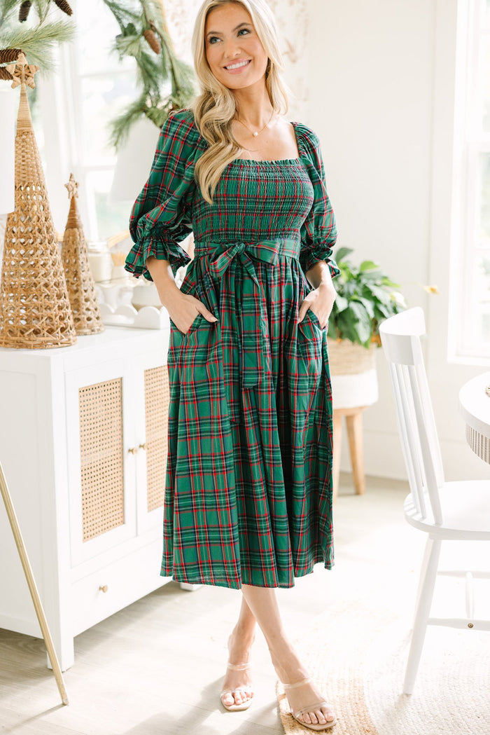 Green Plaid Square Neck Puff Sleeve Bowknot Waist Flared Midi Dress Shewin