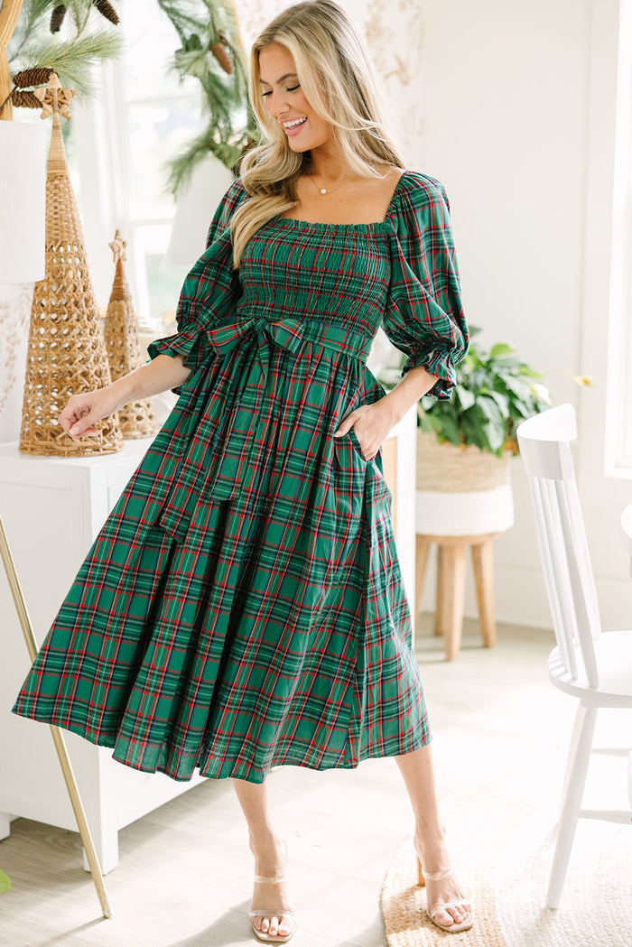 Green Plaid Square Neck Puff Sleeve Bowknot Waist Flared Midi Dress Shewin