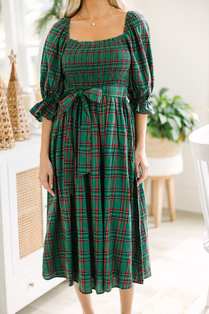 Green Plaid Square Neck Puff Sleeve Bowknot Waist Flared Midi Dress Shewin