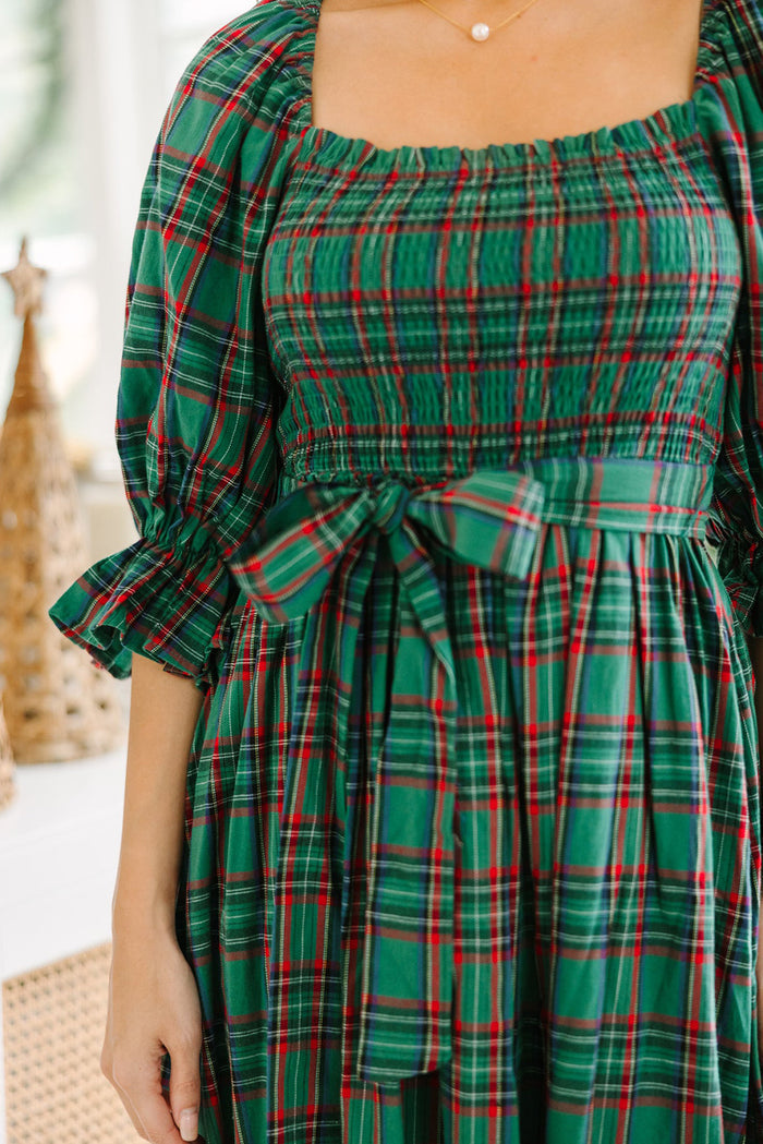 Green Plaid Square Neck Puff Sleeve Bowknot Waist Flared Midi Dress Shewin