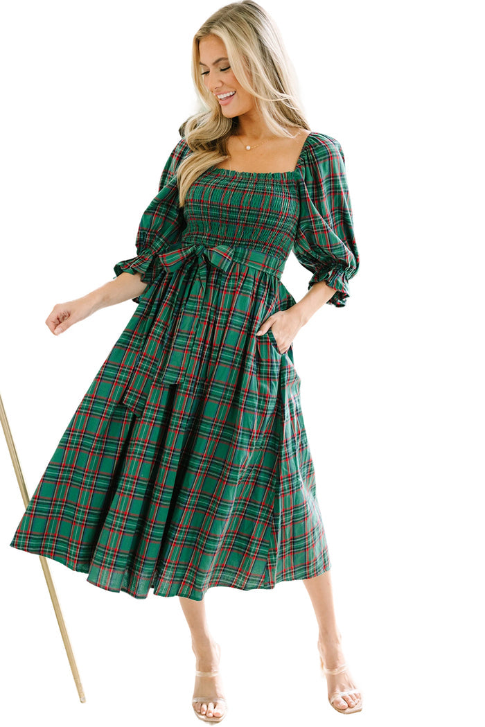 Green Plaid Square Neck Puff Sleeve Bowknot Waist Flared Midi Dress Shewin