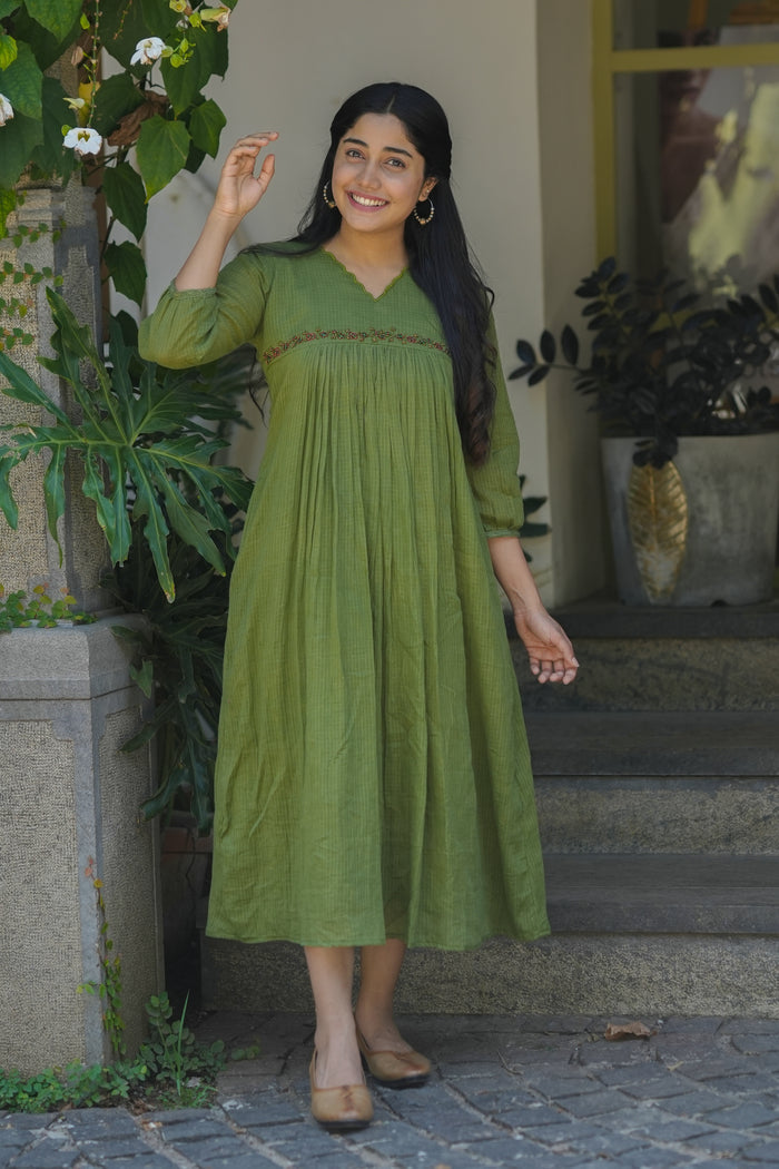 Green soft cotton kota checks kurti with scallopped neck and embroidered yoke MBS-698