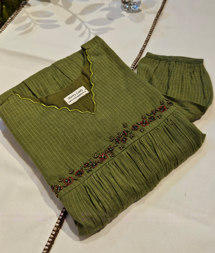 Green soft cotton kota checks kurti with scallopped neck and embroidered yoke MBS-698