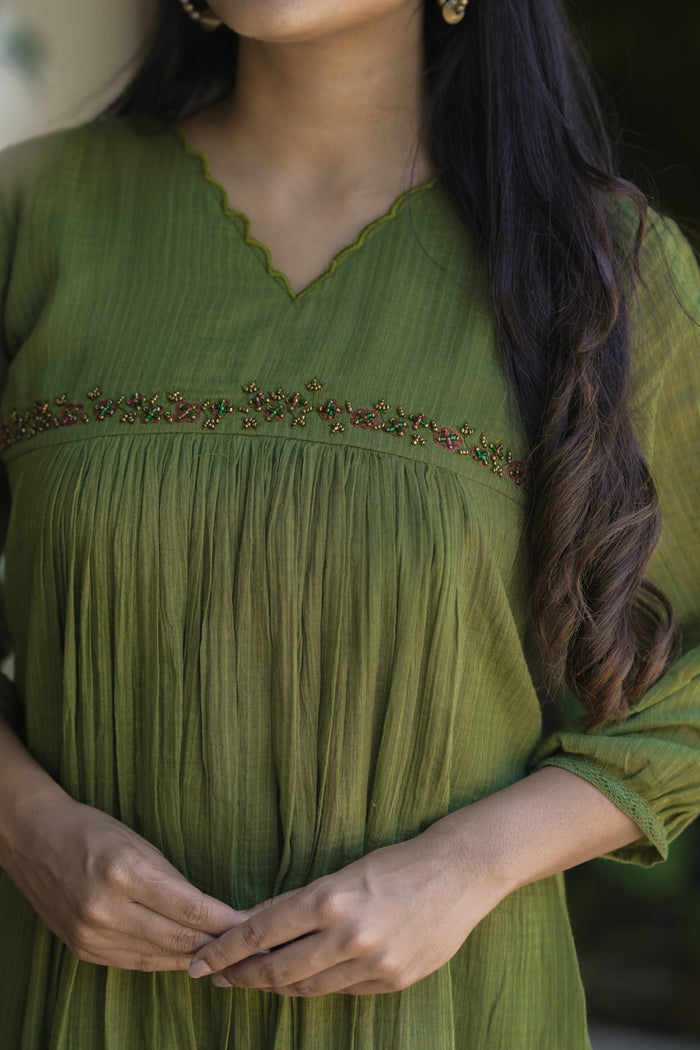 Green soft cotton kota checks kurti with scallopped neck and embroidered yoke MBS-698