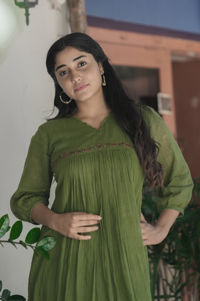 Green soft cotton kota checks kurti with scallopped neck and embroidered yoke MBS-698