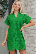 Green Solid Color Eyelet Embroidered T Shirt Mini Dress Shewin