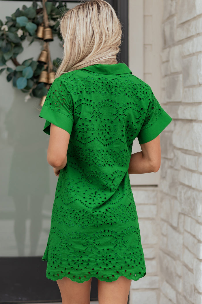 Green Solid Color Eyelet Embroidered T Shirt Mini Dress Shewin