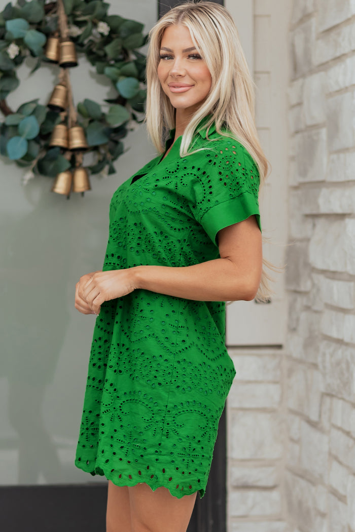 Green Solid Color Eyelet Embroidered T Shirt Mini Dress Shewin