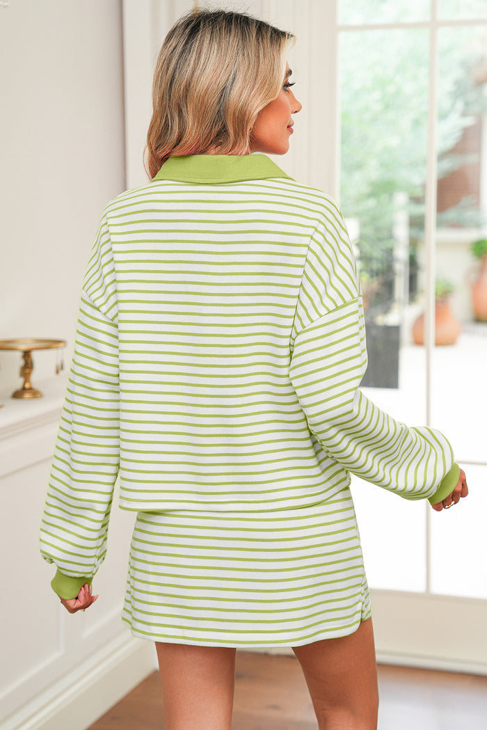 Green Striped Collared V Neck Drop Shoulder Pullover and Skirt Set Shewin