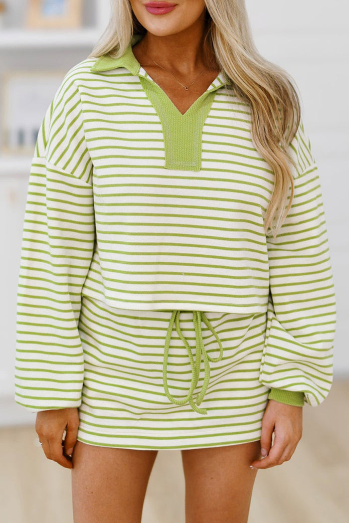 Green Striped Collared V Neck Drop Shoulder Pullover and Skirt Set Shewin
