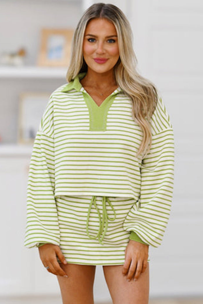 Green Striped Collared V Neck Drop Shoulder Pullover and Skirt Set Shewin