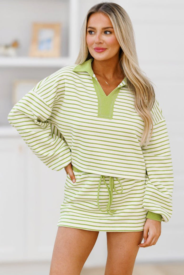 Green Striped Collared V Neck Drop Shoulder Pullover and Skirt Set Shewin