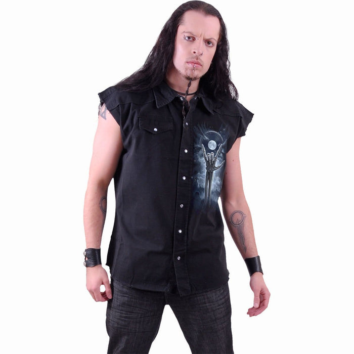 GRIM ROCKER - Sleeveless Stone Washed Worker Black Spiral USA