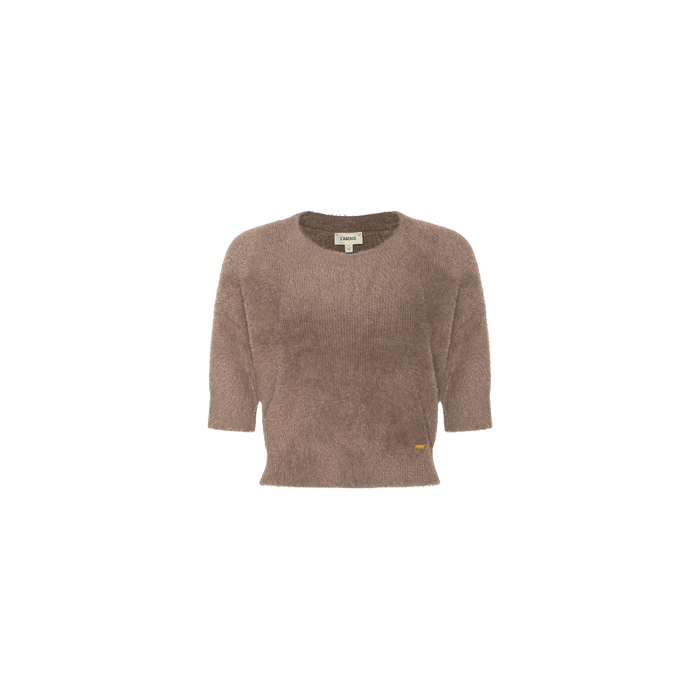 Light brown Guinevere Cropped Pullover, an ultra soft knit short-sleeve crewneck sweater with a fuzzy texture and round neckline, displayed on a plain white background. A small tag is visible near the bottom hem on the left side.