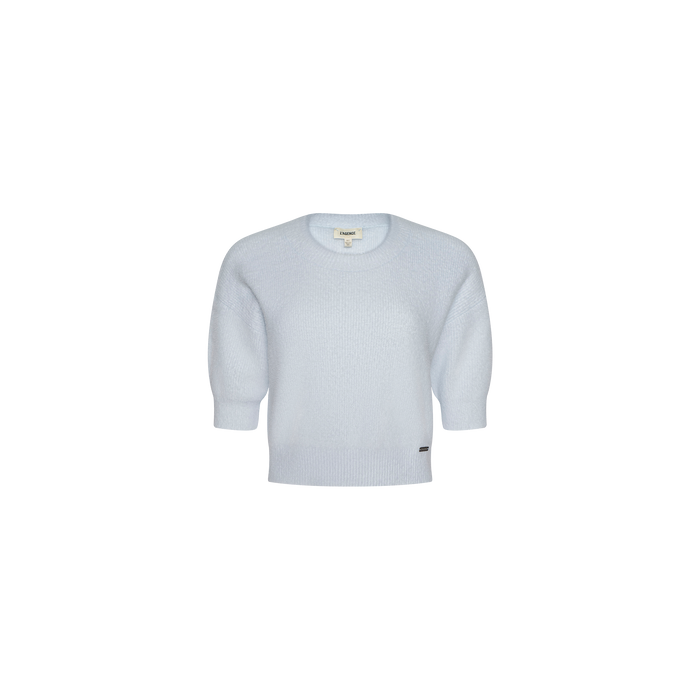 Guinevere Cropped Pullover in light blue features a soft knit texture, long sleeves with ribbed cuffs, and a classic crewneck silhouette, shown against a plain white background.