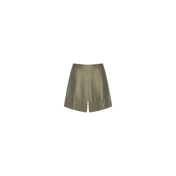 Hadleigh Linen-Blend Short in olive green features a textured, pleated design with a high-rise silhouette and tailored fit, displayed on a plain white background.