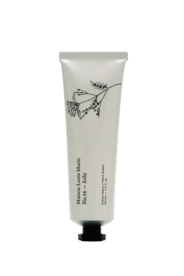 Hand cream tube with floral design and text on a white background
