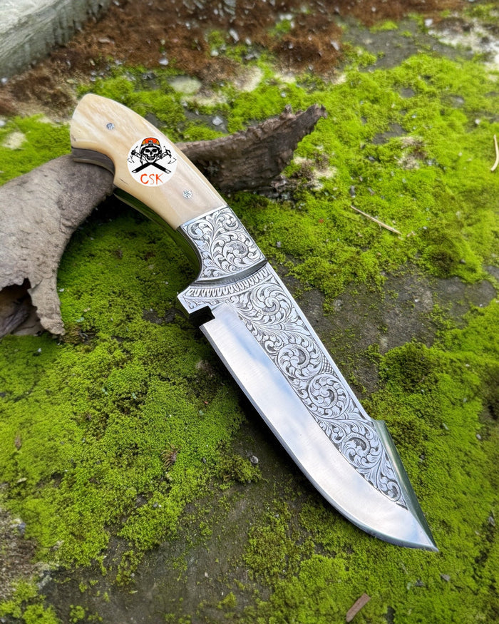 Hand-Engraved Hunting Knife – Custom Fixed Blade with Bone Handle & Ornate Scrollwork cskforged
