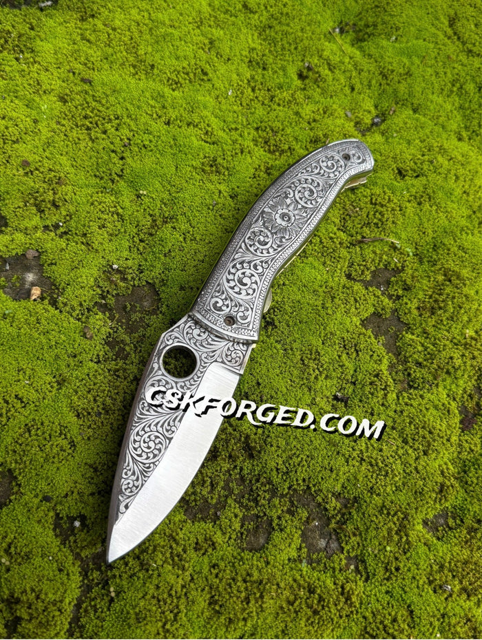 Hand-Engraved Pocket Knife With Leather Pouch cskforged