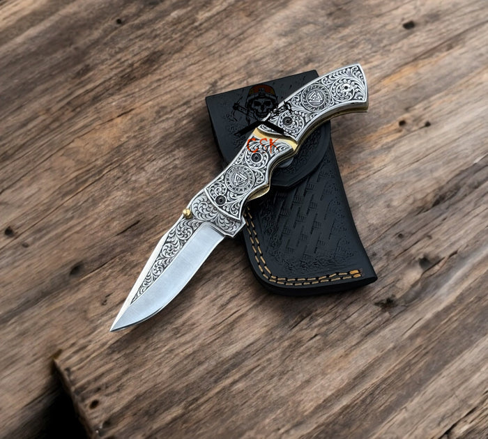 Hand-Engraved Viking Pocket Knife with Ornate Norse Design & Leather Sheath cskforged