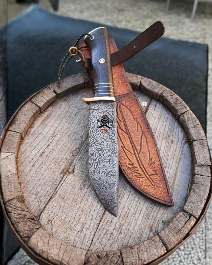 Hand-Forged Damascus Hunting Knife – Full Tang Survival Blade with Exotic Wood Handle & Leather Sheath cskforged