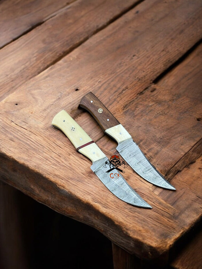 Hand-Forged Damascus Hunting Knife Set 8” Full Tang Blades Rose Wood & Bone Handle cskforged