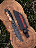 Hand-Forged Damascus Hunting Knife | Wolf Pommel | Custom Burl Wood Handle & Leather Sheath cskforged
