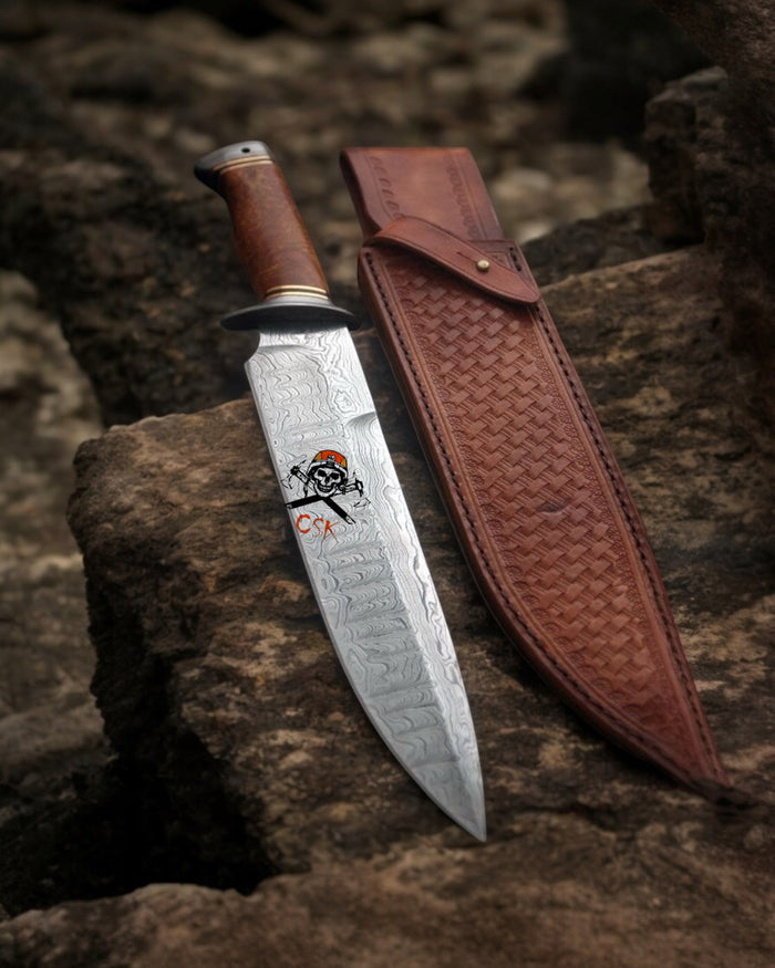 Hand-Forged Damascus Knife – 12’’ Clip-Point Blade, Hardwood & Brass Handle cskforged