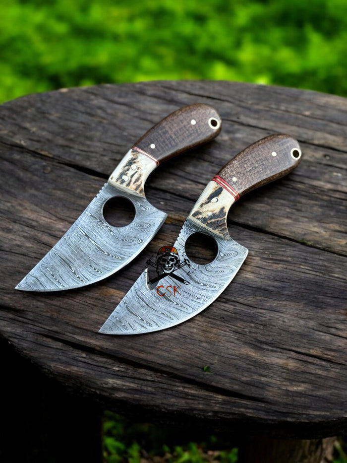 Hand-Forged Damascus Steel Cleaver Knife Set with Finger Hole cskforged