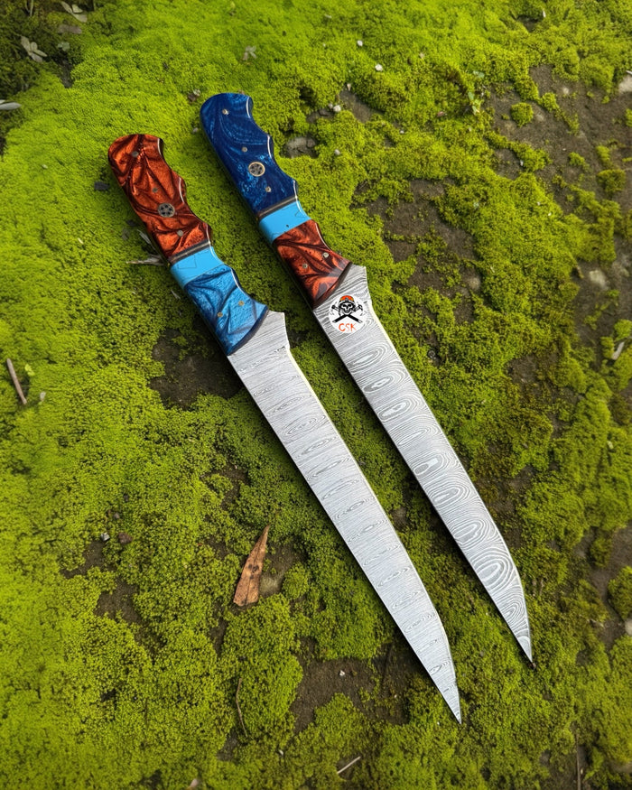 Hand-Forged Damascus Steel Fillet Knife Set – Custom Resin Handles, Ultra-Sharp Blades cskforged