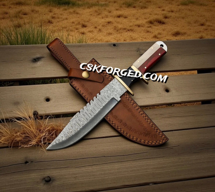 Hand-Forged Damascus Steel Hunting Knife | Custom Fixed Blade with Leather Sheath cskforged