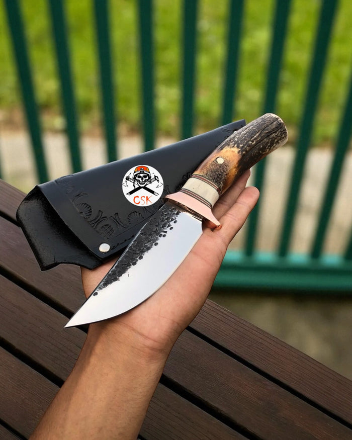 Hand-Forged Hunting Knife–Antler Handle High Carbon Steel Blade & Leather Sheath cskforged