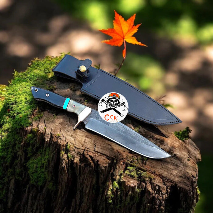 Handcrafted Carbon Steel Hunting Knife with Acid Wash Finish and Brass Clip Guard cskforged