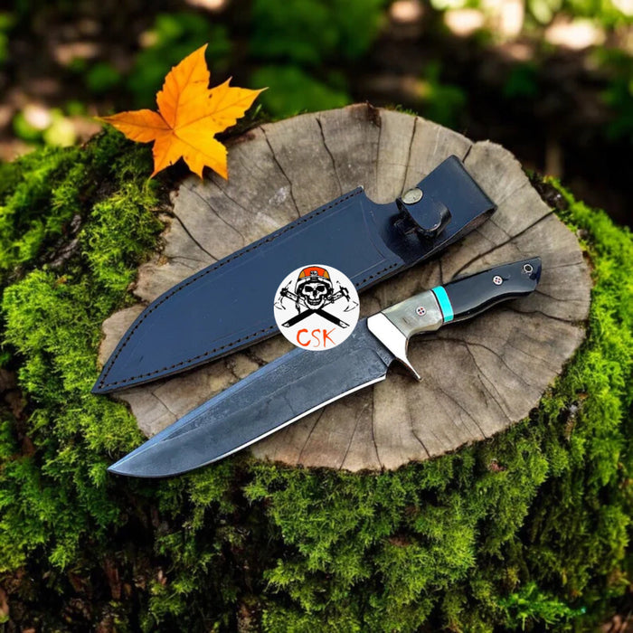 Handcrafted Carbon Steel Hunting Knife with Acid Wash Finish and Brass Clip Guard cskforged