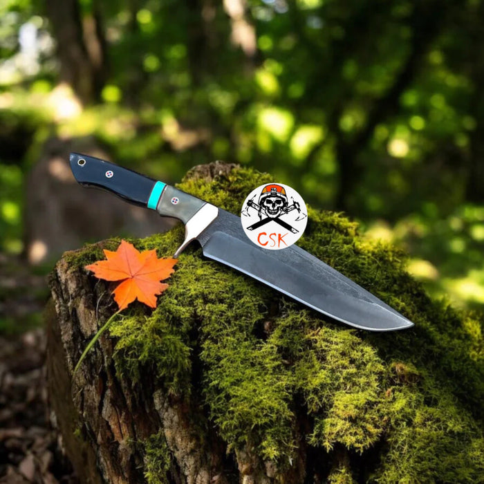 Handcrafted Carbon Steel Hunting Knife with Acid Wash Finish and Brass Clip Guard cskforged