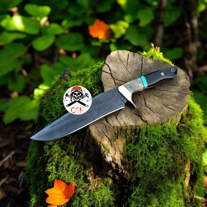 Handcrafted Carbon Steel Hunting Knife with Acid Wash Finish and Brass Clip Guard cskforged