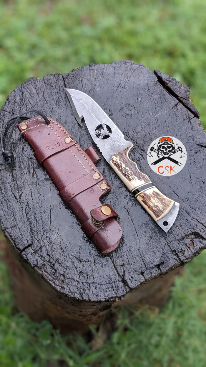 Handcrafted Carbon Steel Hunting Knife with Antler Handle – Custom Bushcraft Survival Blade cskforged