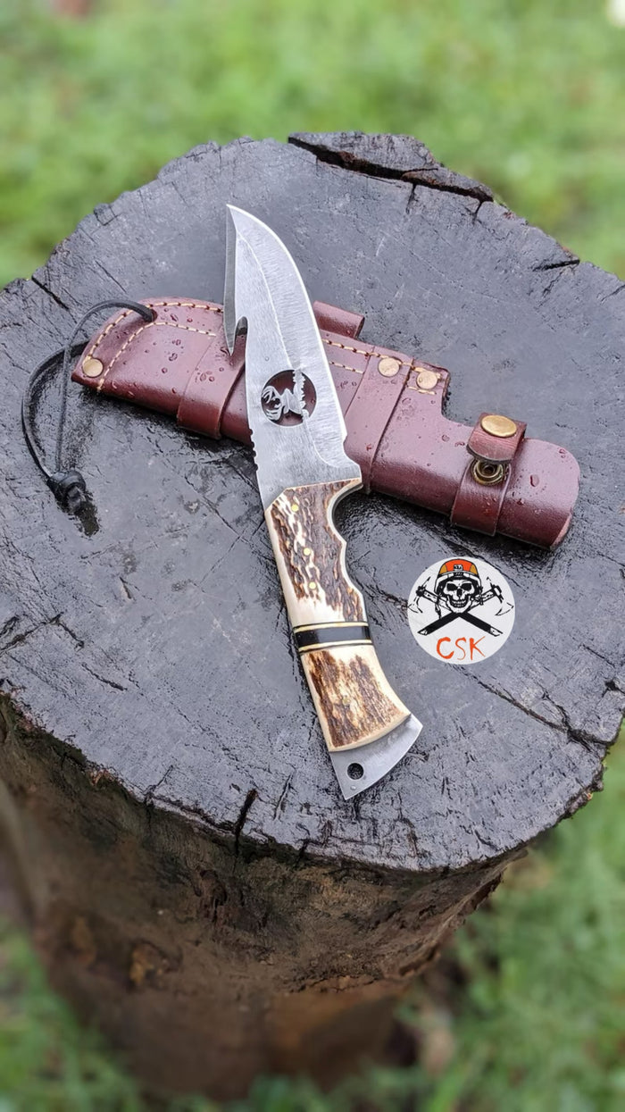 Handcrafted Carbon Steel Hunting Knife with Antler Handle – Custom Bushcraft Survival Blade cskforged