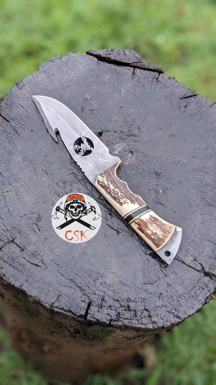 Handcrafted Carbon Steel Hunting Knife with Antler Handle – Custom Bushcraft Survival Blade cskforged