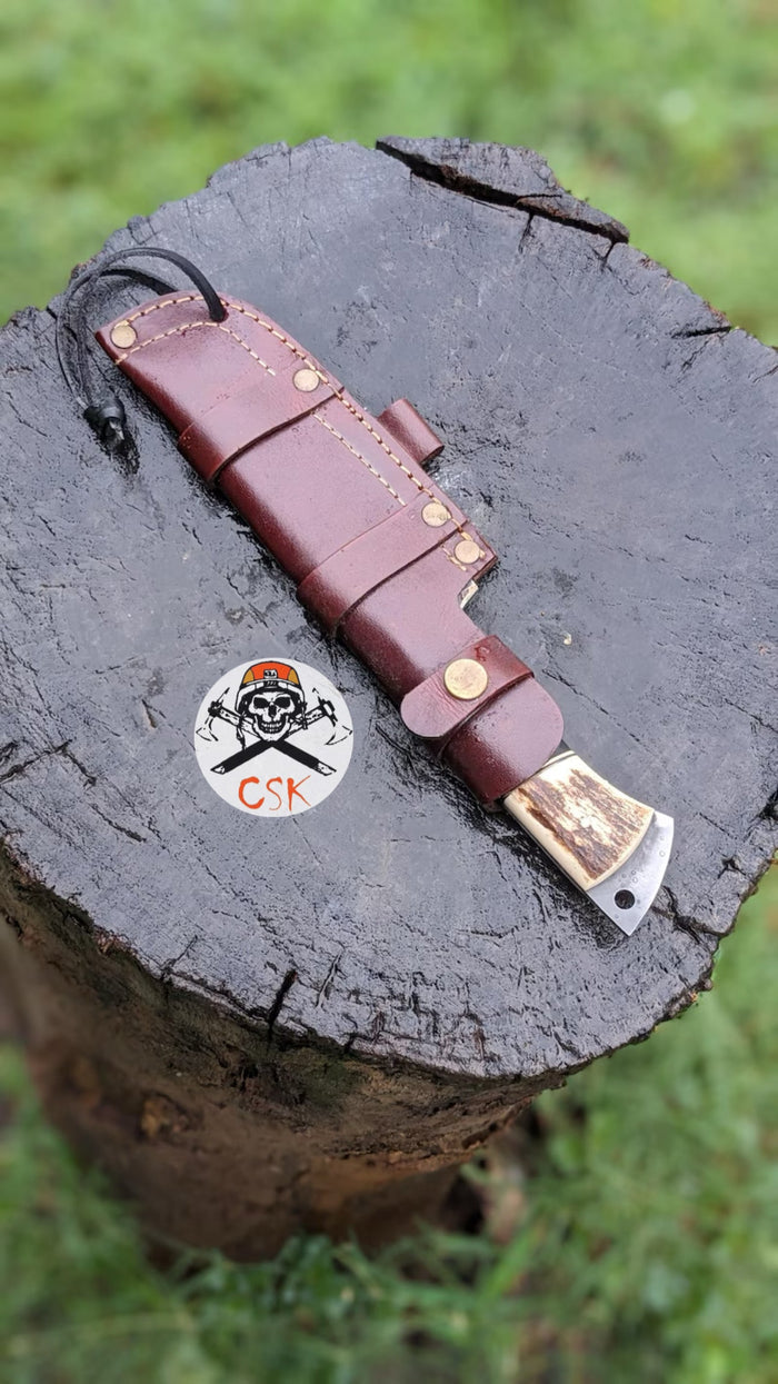Handcrafted Carbon Steel Hunting Knife with Antler Handle – Custom Bushcraft Survival Blade cskforged