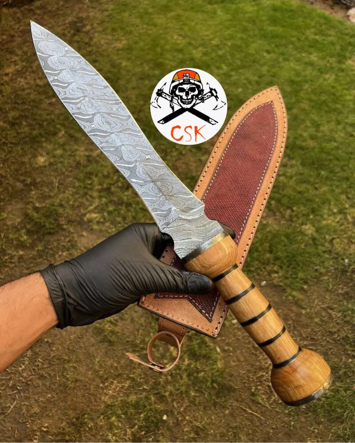 Handcrafted Damascus Steel Gladius Sword with Custom Wooden Handle and Leather Sheath cskforged